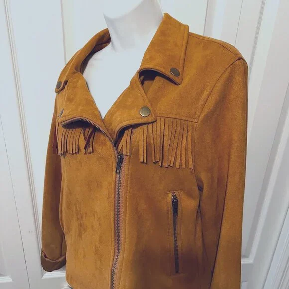 C & V Chelsea & Violet Camel Fringed Faux Suede Cuffed Sleeves-Tan/Camel-Cropped